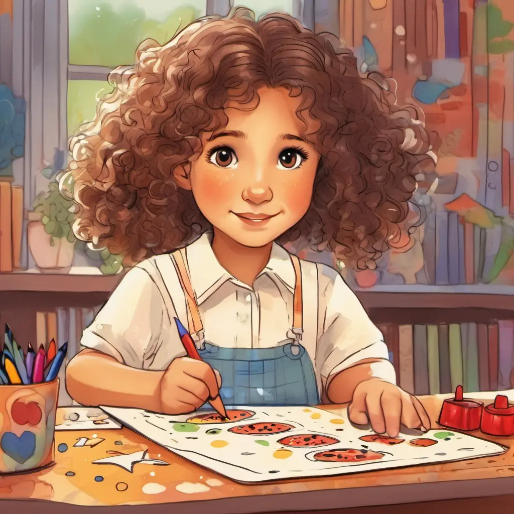 Girl with dark blonde frizzy hair, brown eyes, smart and kind counting ladybug spots, learning numbers.