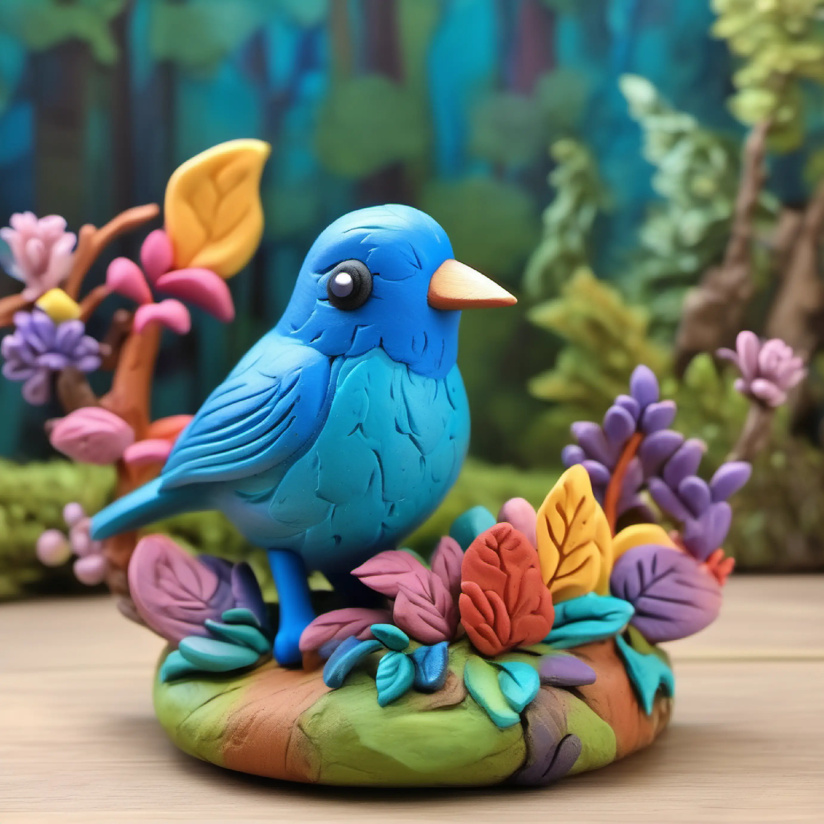 Colorful animals, blue bird greets, enchanted forest ambiance