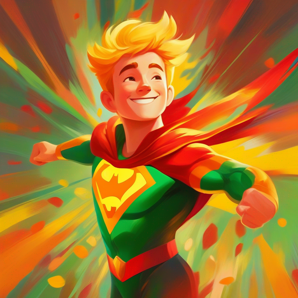 Generous and caring, Bold and determined superhero who radiates confidence. (Red, yellow) spreads joy. (Green, orange)