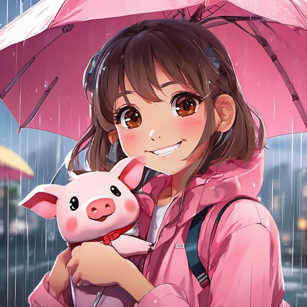 Happy girl, tan skin, brown eyes, always smiling and Cheerful pig, pink skin, big round eyes, friendly smile wait inside during the rainy day.