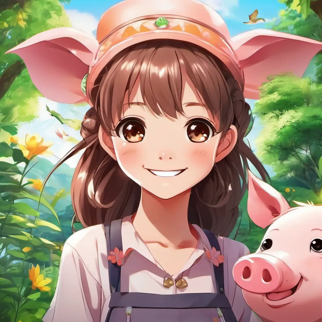 Happy girl, tan skin, brown eyes, always smiling and Cheerful pig, pink skin, big round eyes, friendly smile's love for nature creates a miracle.