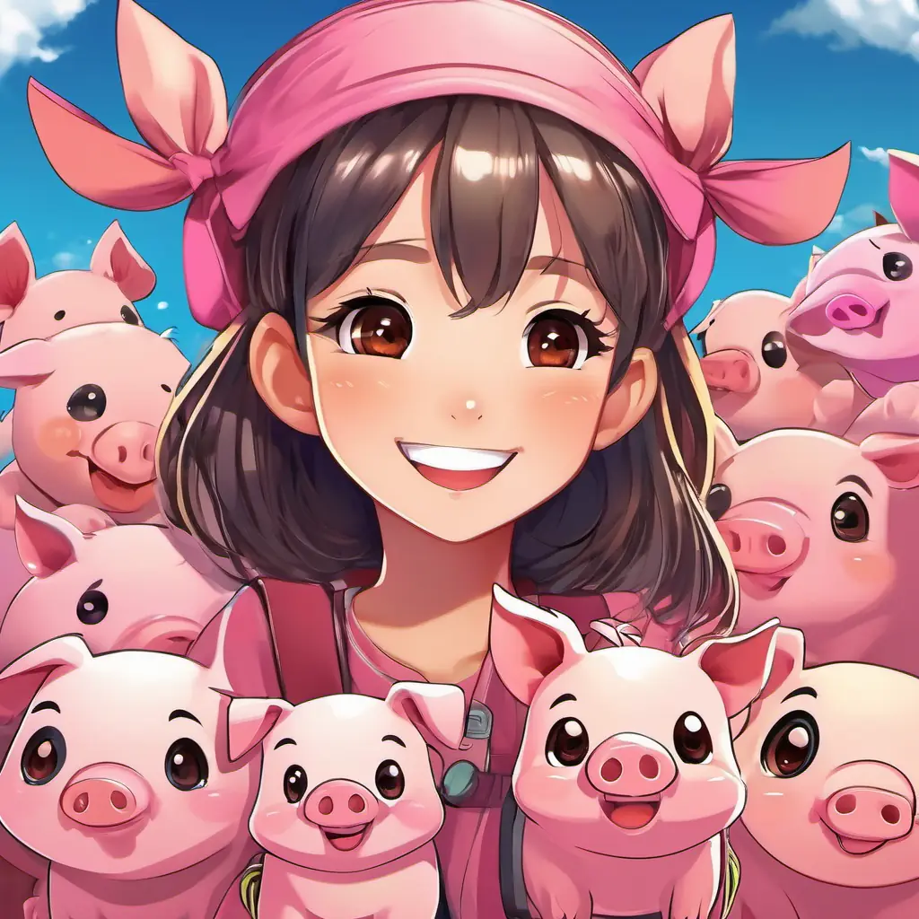 Happy girl, tan skin, brown eyes, always smiling and Cheerful pig, pink skin, big round eyes, friendly smile work together to create valuable products.