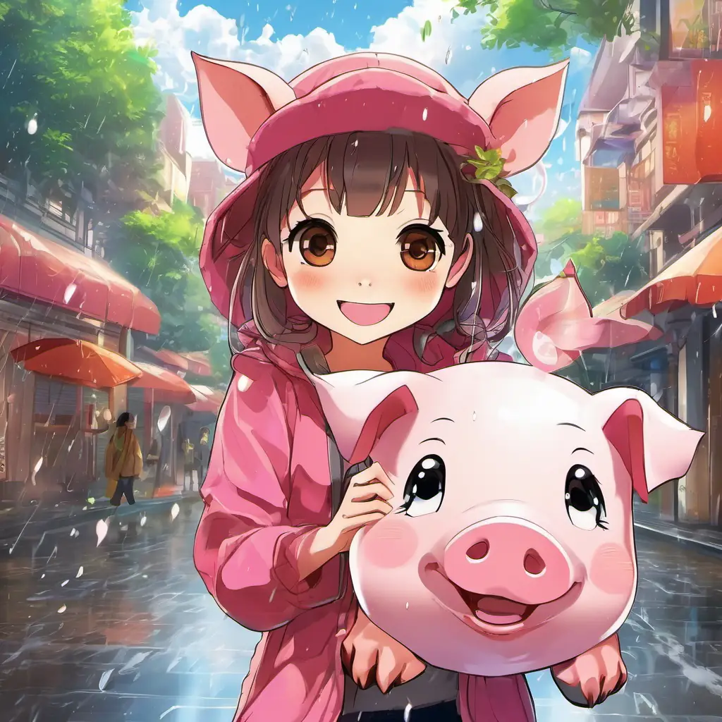 As they plan, a heavy rain causes flooding, making Cheerful pig, pink skin, big round eyes, friendly smile and Happy girl, tan skin, brown eyes, always smiling worried.