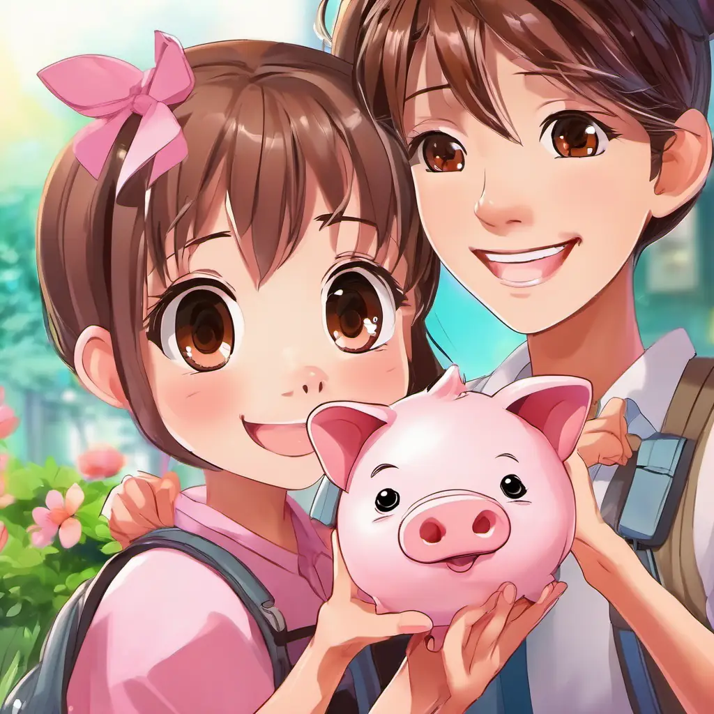 Cheerful pig, pink skin, big round eyes, friendly smile's mom instructs him to be careful and wait for Happy girl, tan skin, brown eyes, always smiling.