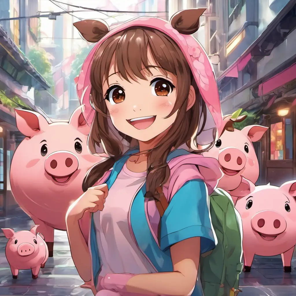 Happy girl, tan skin, brown eyes, always smiling is excited during the rainy day inside with Cheerful pig, pink skin, big round eyes, friendly smile.