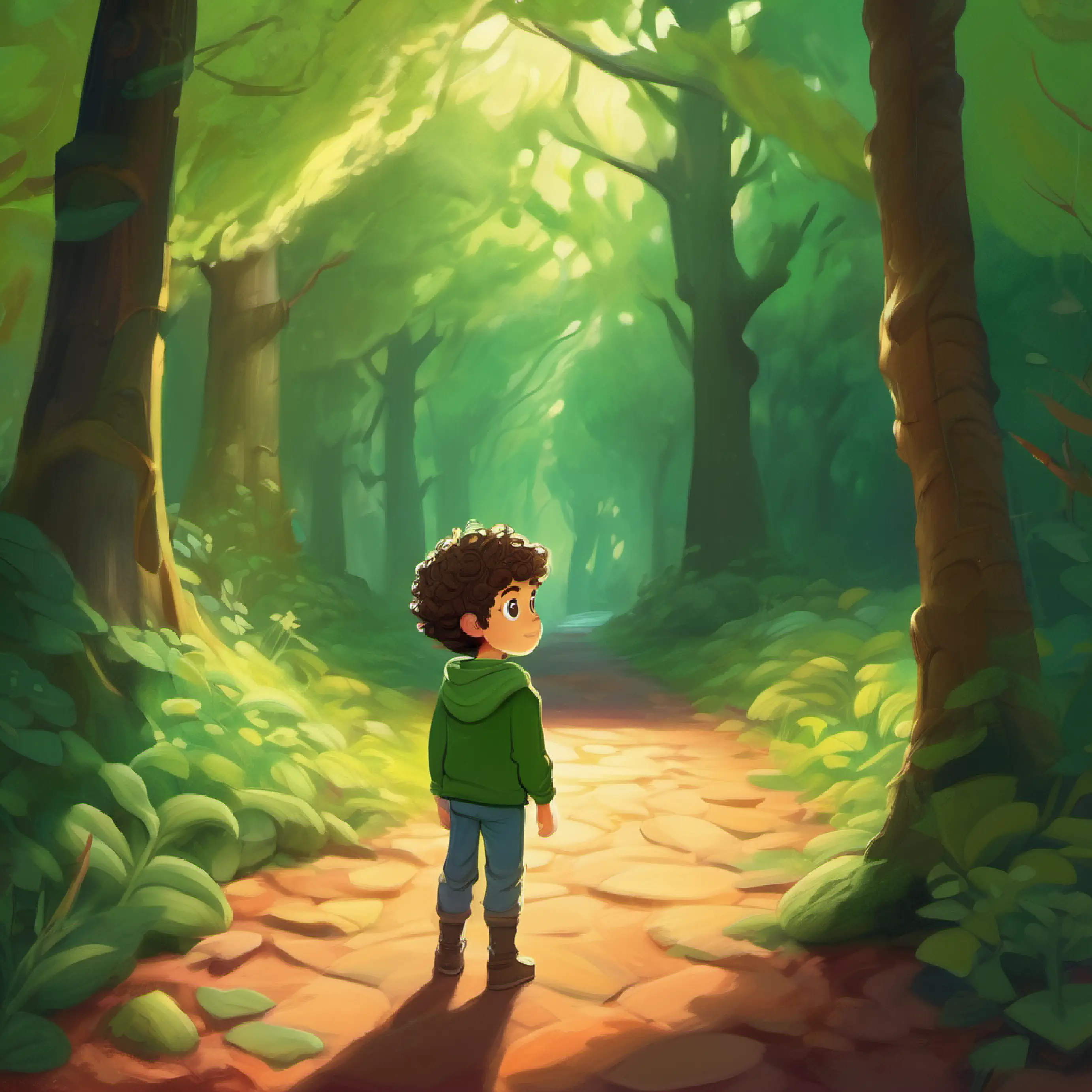 Introduction, Little boy, curly hair, big green eyes, scared but brave in his room, wants to explore woods, but is scared