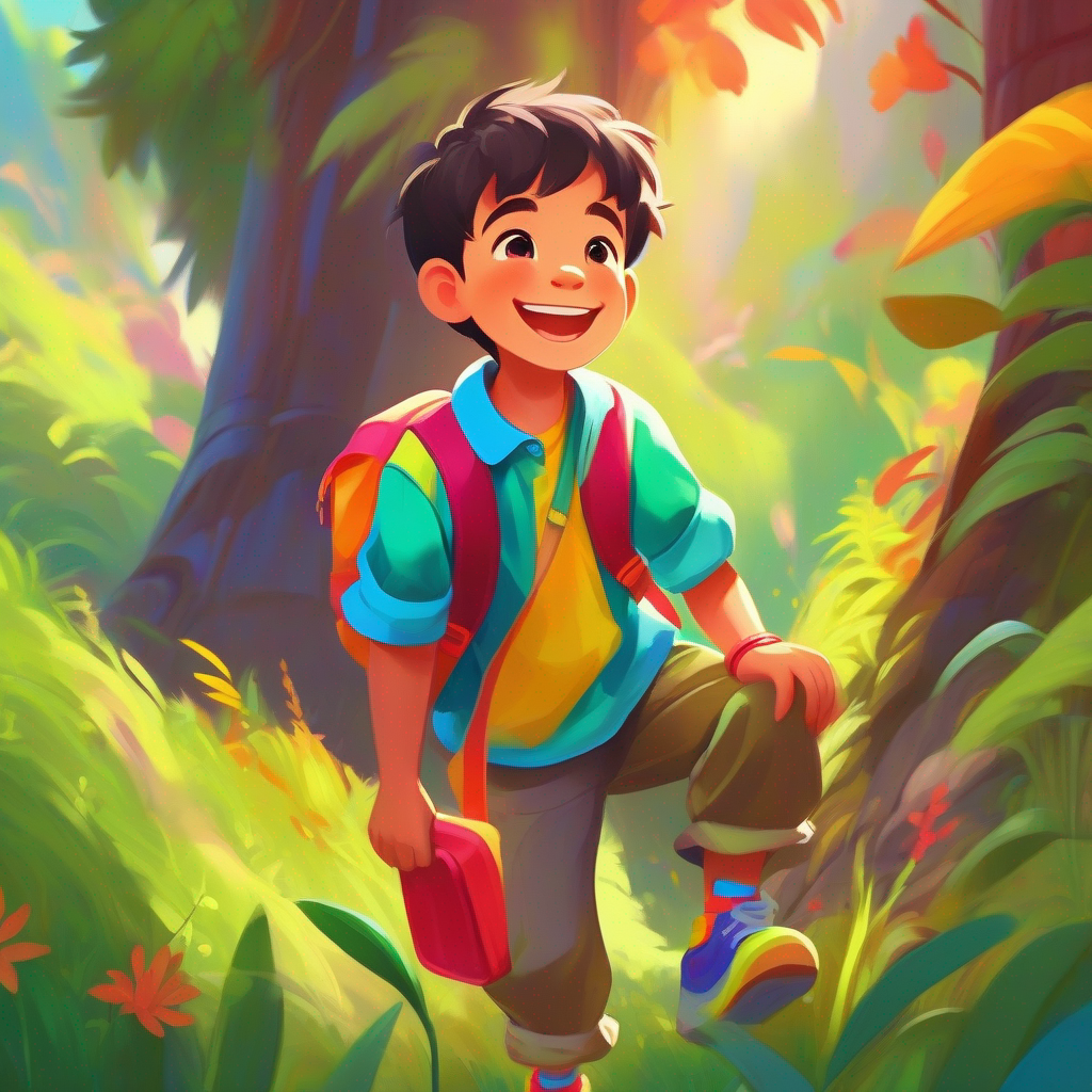 Curious boy with a big smile, wearing colorful clothes. smiling, wearing a colorful shirt and exploring nature.