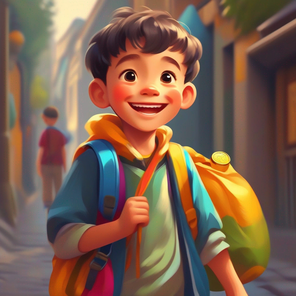Curious boy with a big smile, wearing colorful clothes. walking home with a bag of gold coins and a smile.