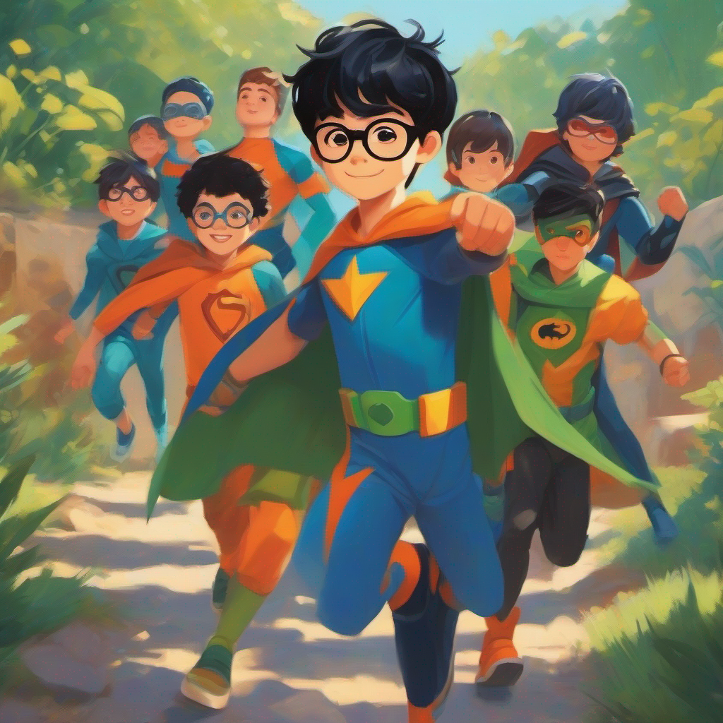A boy with short black hair and glasses, wearing a blue and green superhero costume playing outdoors with his friends, colors: orange and blue