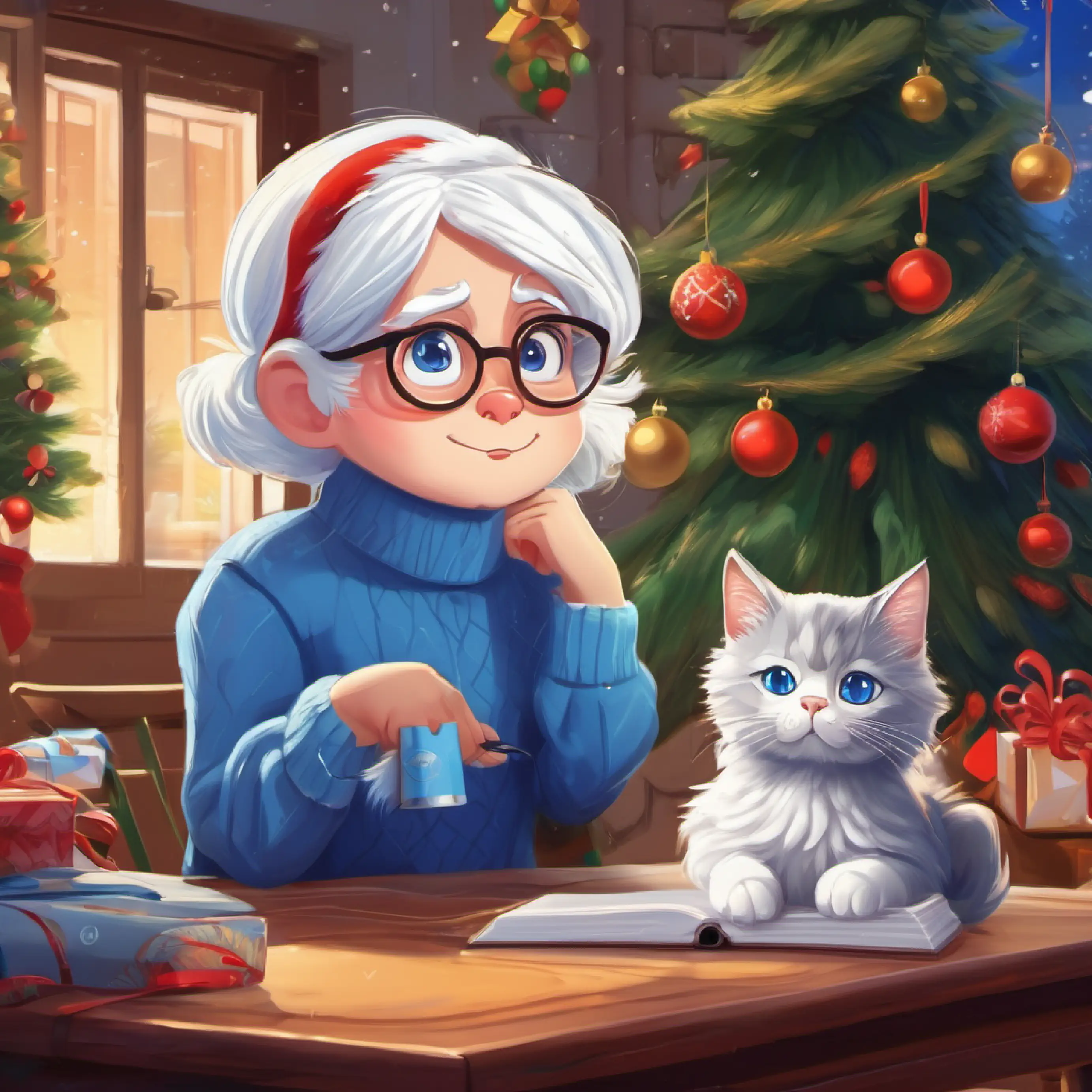 Morning confusion, curious Tired-looking, glasses, white hair, blue eyes, clueless cat