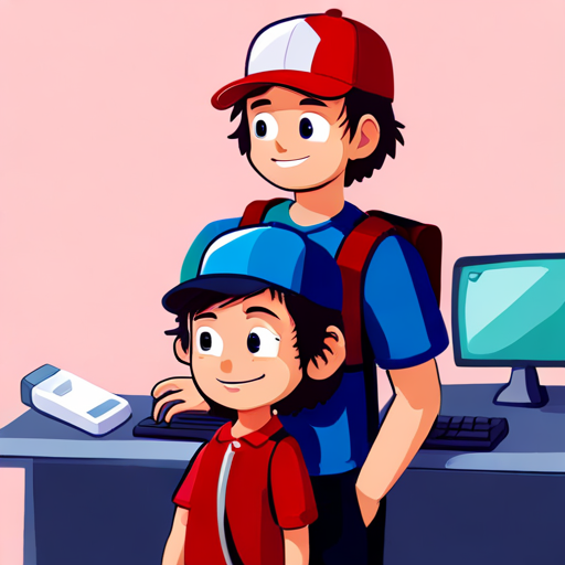 Niño con camiseta azul y gorra roja y Niña con pelo rizado y mochila rosa consultando un ordenador con intriga