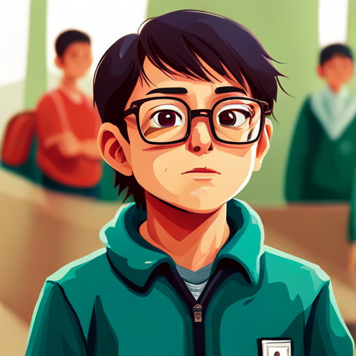 Niño con gafas y sudadera verde disculpándose frente a sus compañeros de colegio