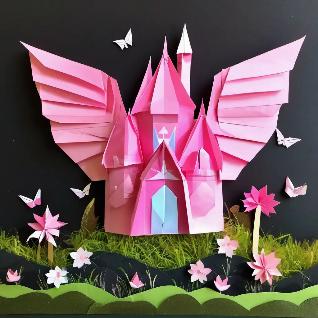 Bright-eyed princess, pink wings attached, snug castle, tall wall, lush grass beneath.