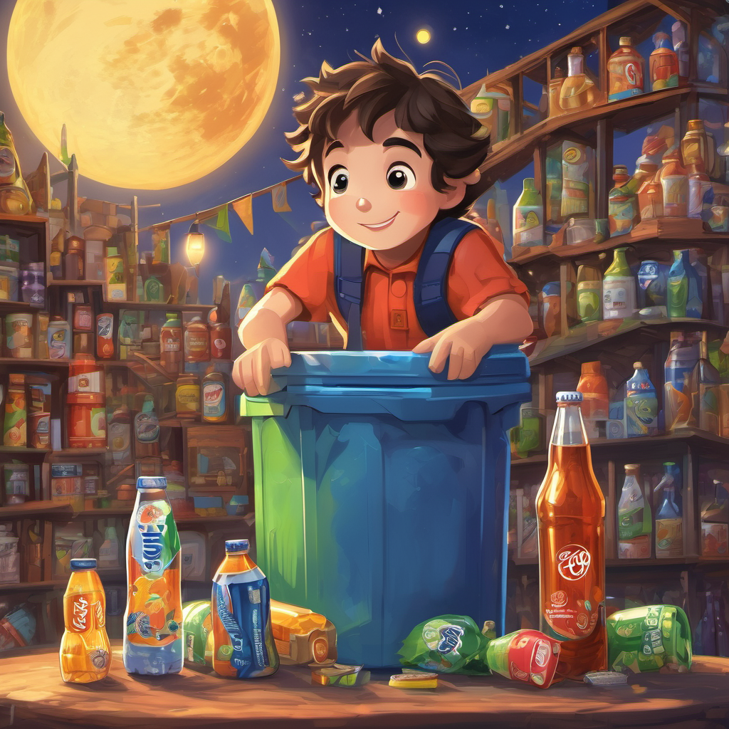 Every night, Benny would gather all the recyclable items together, and they would share stories about their adventures in the recycling world. One evening, with the moon shining bright, Benny climbed up to his storytelling podium and called for his friends to join him. First, there was Sammy the soda can, who was once filled with fizzy drinks. "Everyone," Sammy began, "I want to tell you about my journey from being an ordinary soda can to becoming an environmental superhero!"
