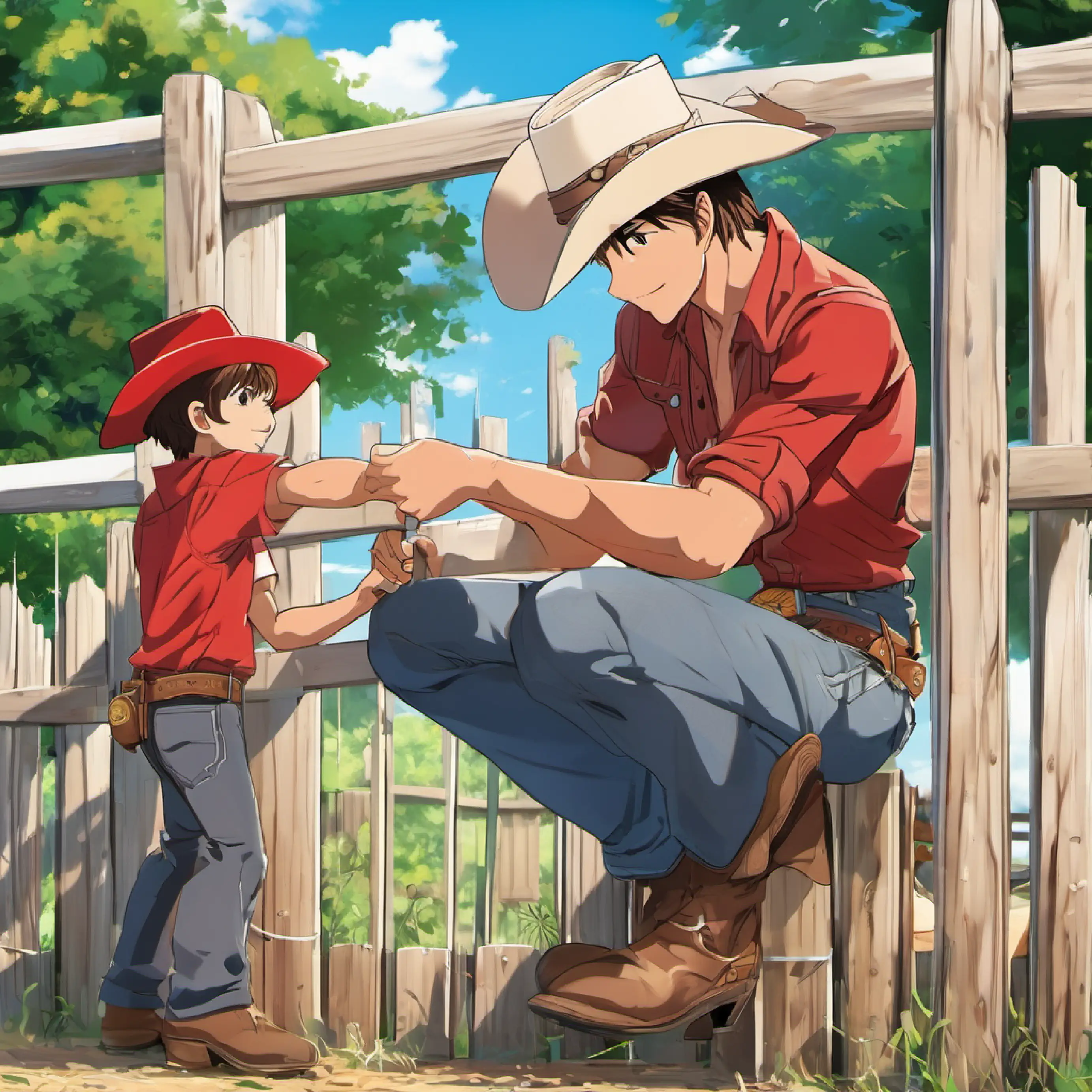 Tommy and his dad fixing the fence, with Tommy counting out nails.