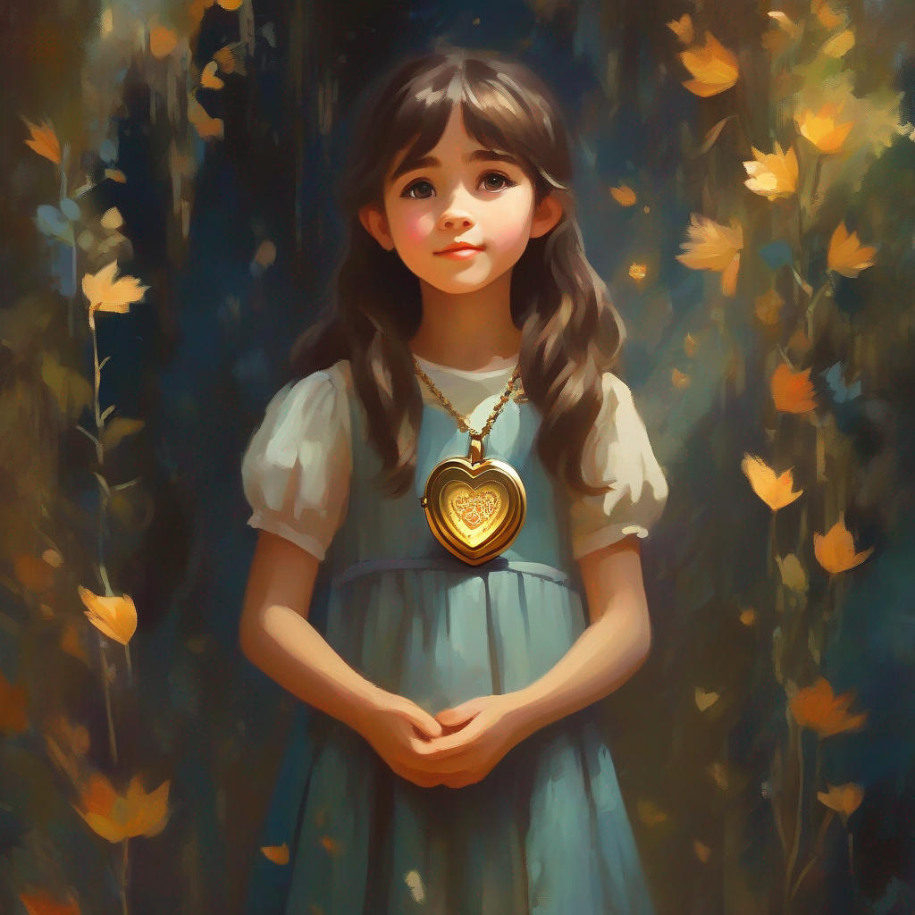 A kind-hearted girl with a hopeful spirit, wearing a tattered dress. feels grateful and curious about the locket's powers.