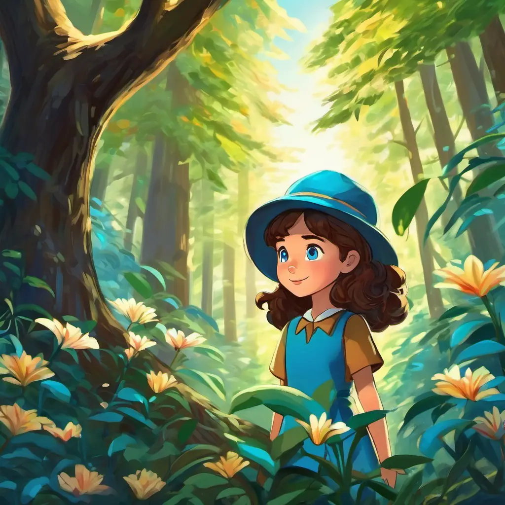 Lily is a young girl with curly brown hair and bright blue eyes in the forest, finding the magical tree
