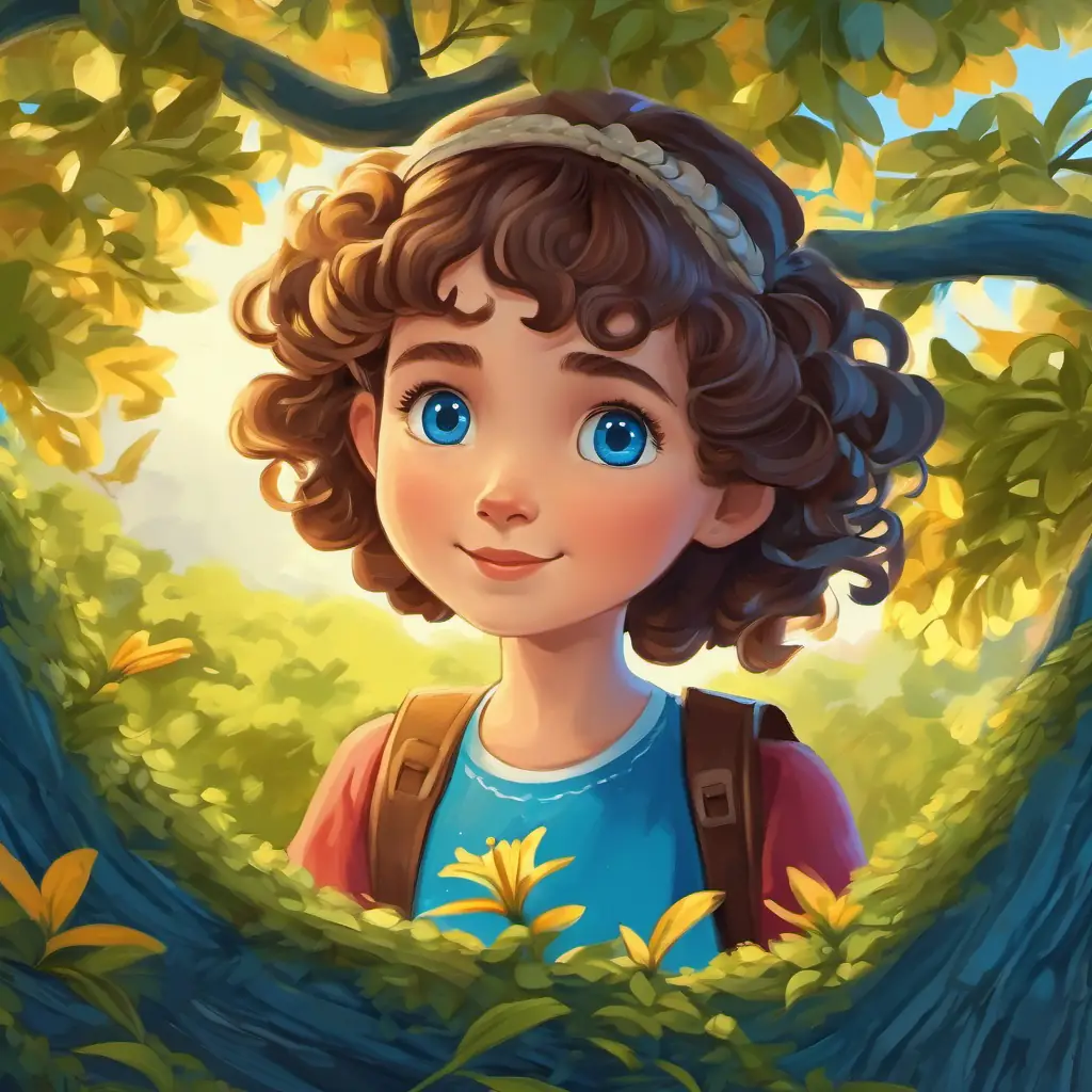 Lily is a young girl with curly brown hair and bright blue eyes talking to the Magic Number Tree