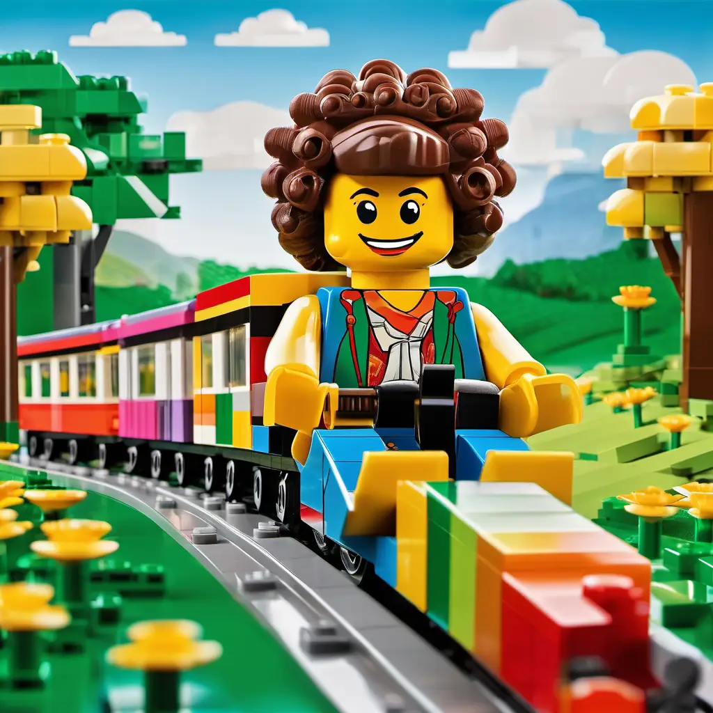 Curly hair, big brown eyes, happy smile, colorful clothes happily riding aboard a colorful, chugging train, passing through green fields and trees.