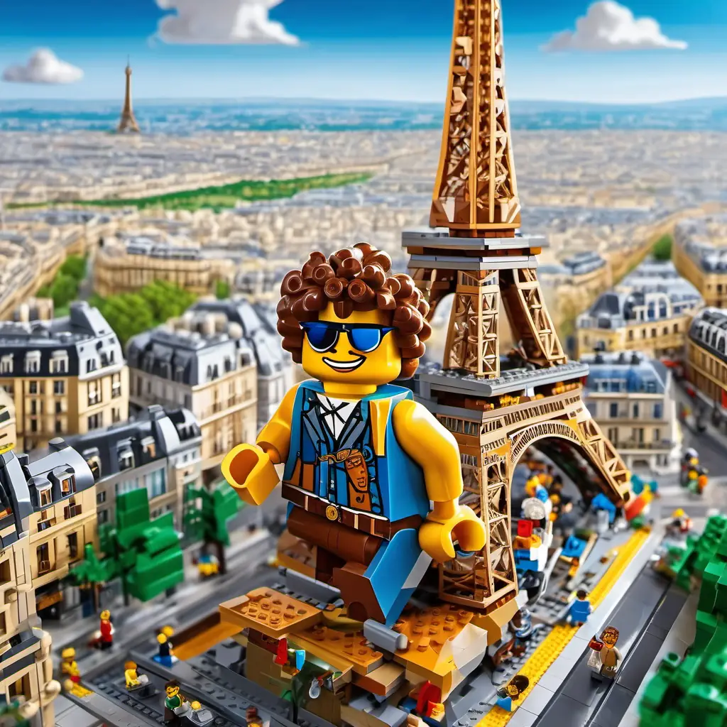 Curly hair, big brown eyes, happy smile, colorful clothes climbing up the Eiffel Tower, gripping the metal beams with glee, the city of Paris sprawling below.