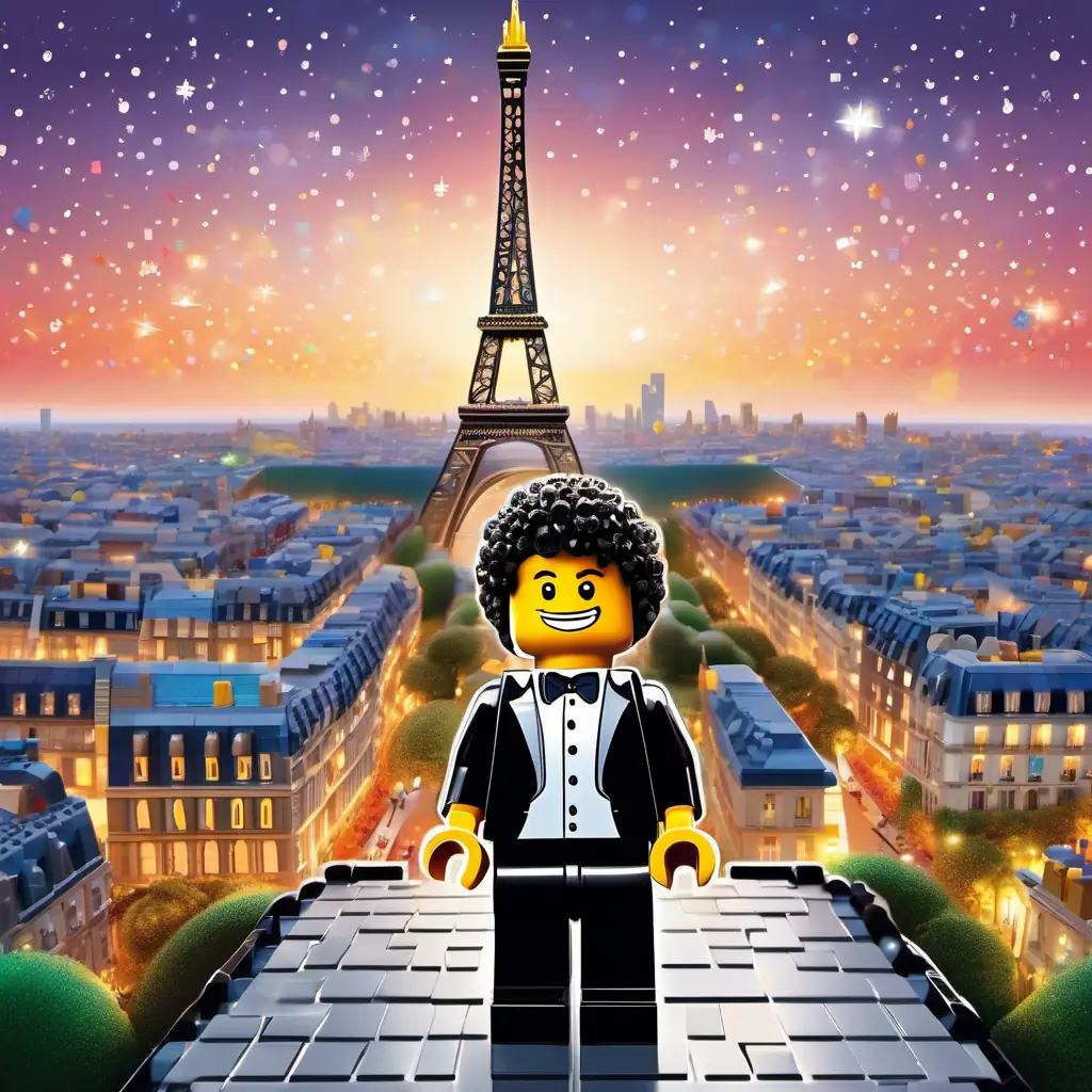 Curly hair, big brown eyes, happy smile, colorful clothes meeting a friendly Fuzzy black and white tuxedo, waddling and squawking with a tuxedo-like coat, standing on the Eiffel Tower's summit, surrounded by twinkling city lights.