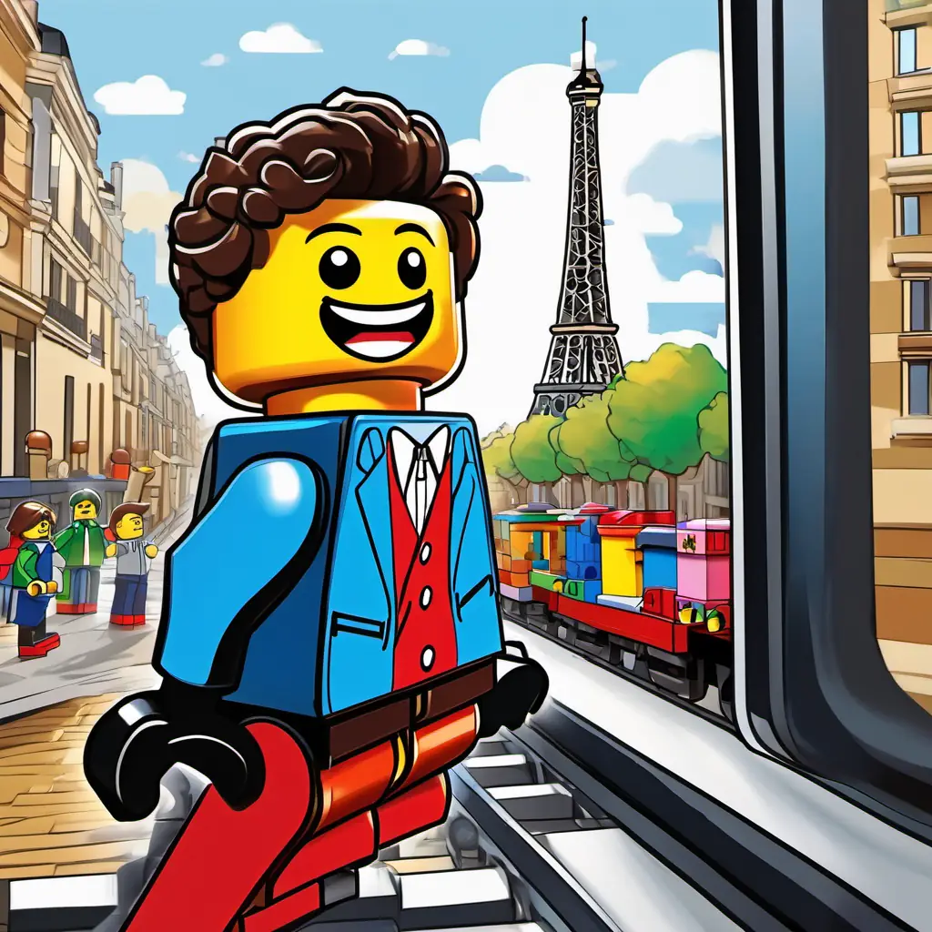 Curly hair, big brown eyes, happy smile, colorful clothes waving from the train window, with the Eiffel Tower and the Fuzzy black and white tuxedo, waddling and squawking in the background, a big smile on his face.