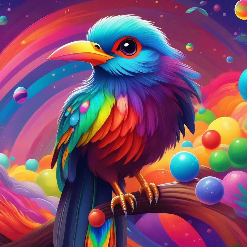 A brave bird with rainbow-colored feathers floating near colorful planets