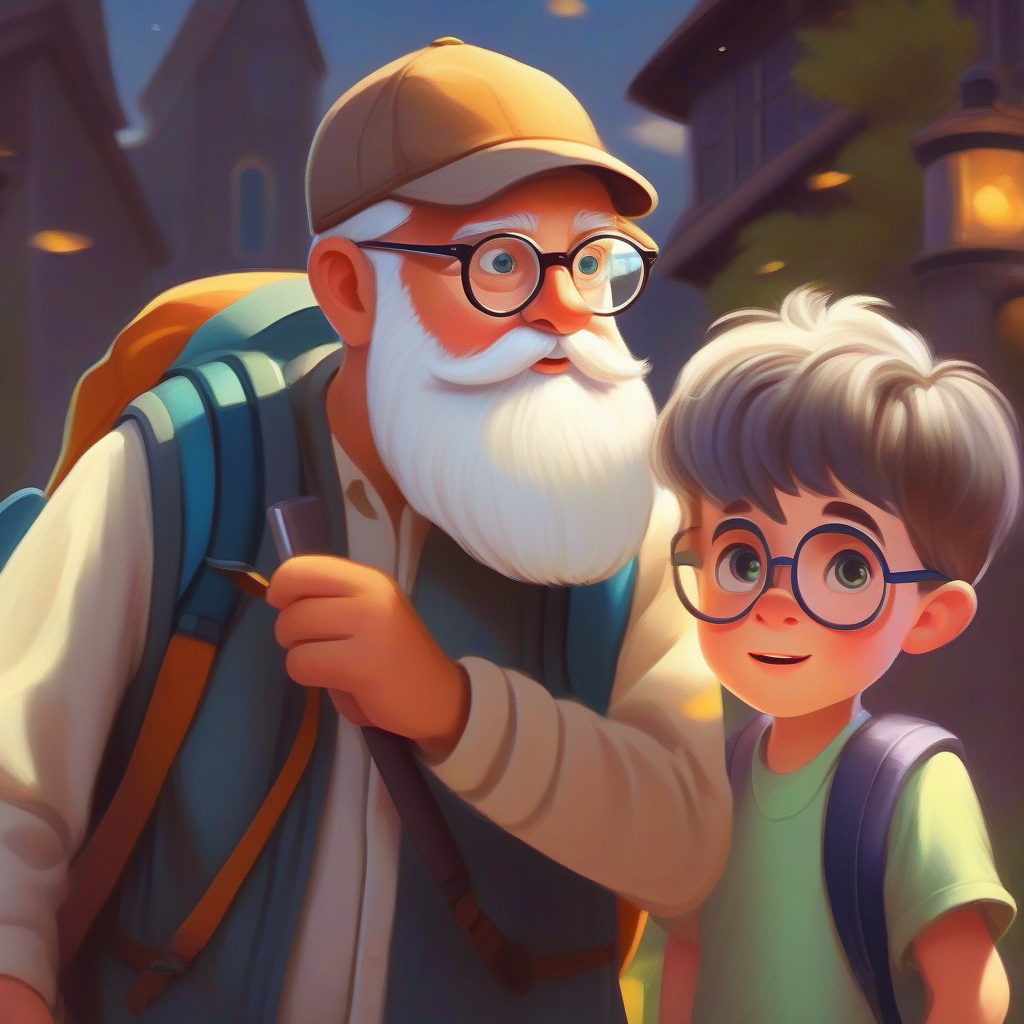  scientist who had white beard and glasses,   talking Curious kid wearing glasses, with a backpack and a magnifying glass holding