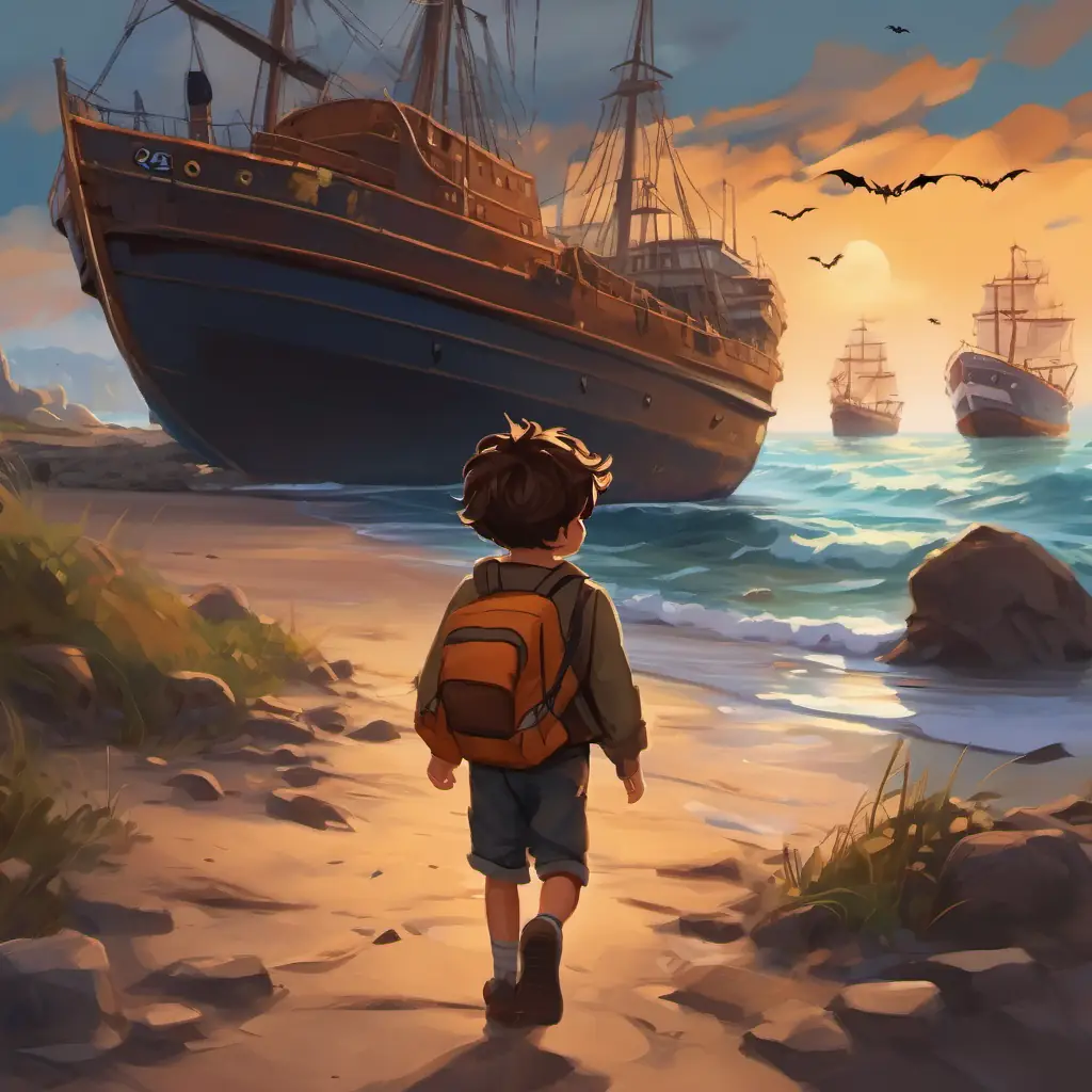 A young boy with a big smile, messy brown hair, and curious eyes walking along the shore, looking at struggling ships