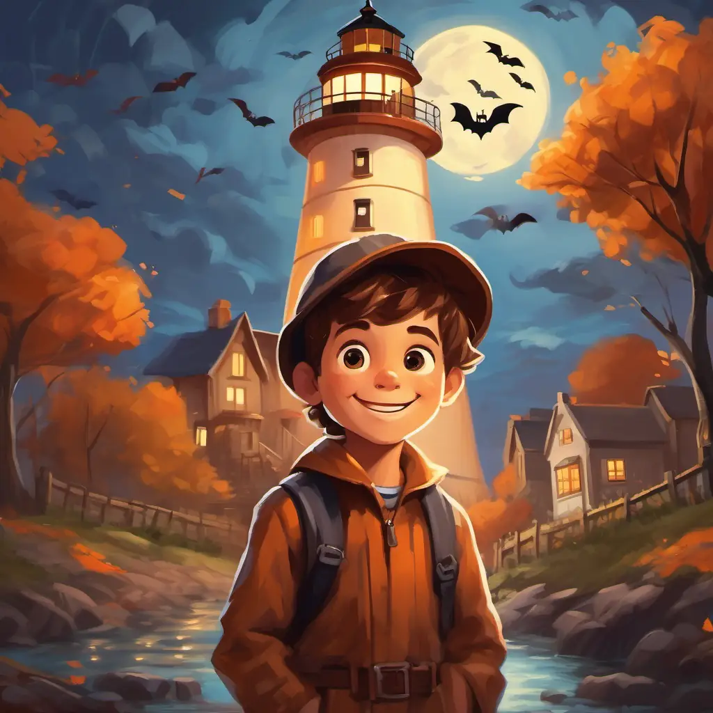 A young boy with a big smile, messy brown hair, and curious eyes and his team painting the lighthouse tower