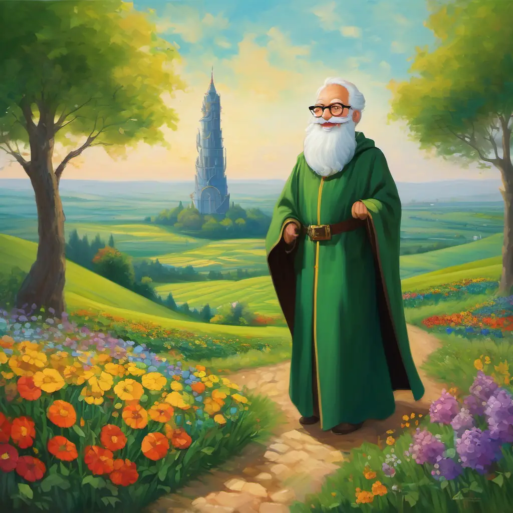 Zero is a small number with a round shape He has a big smile and wears a cape climbs a tall tower to meet the The Mathematician is an old man with a long white beard He wears glasses and a robe. The tower is surrounded by green fields and colorful flowers.