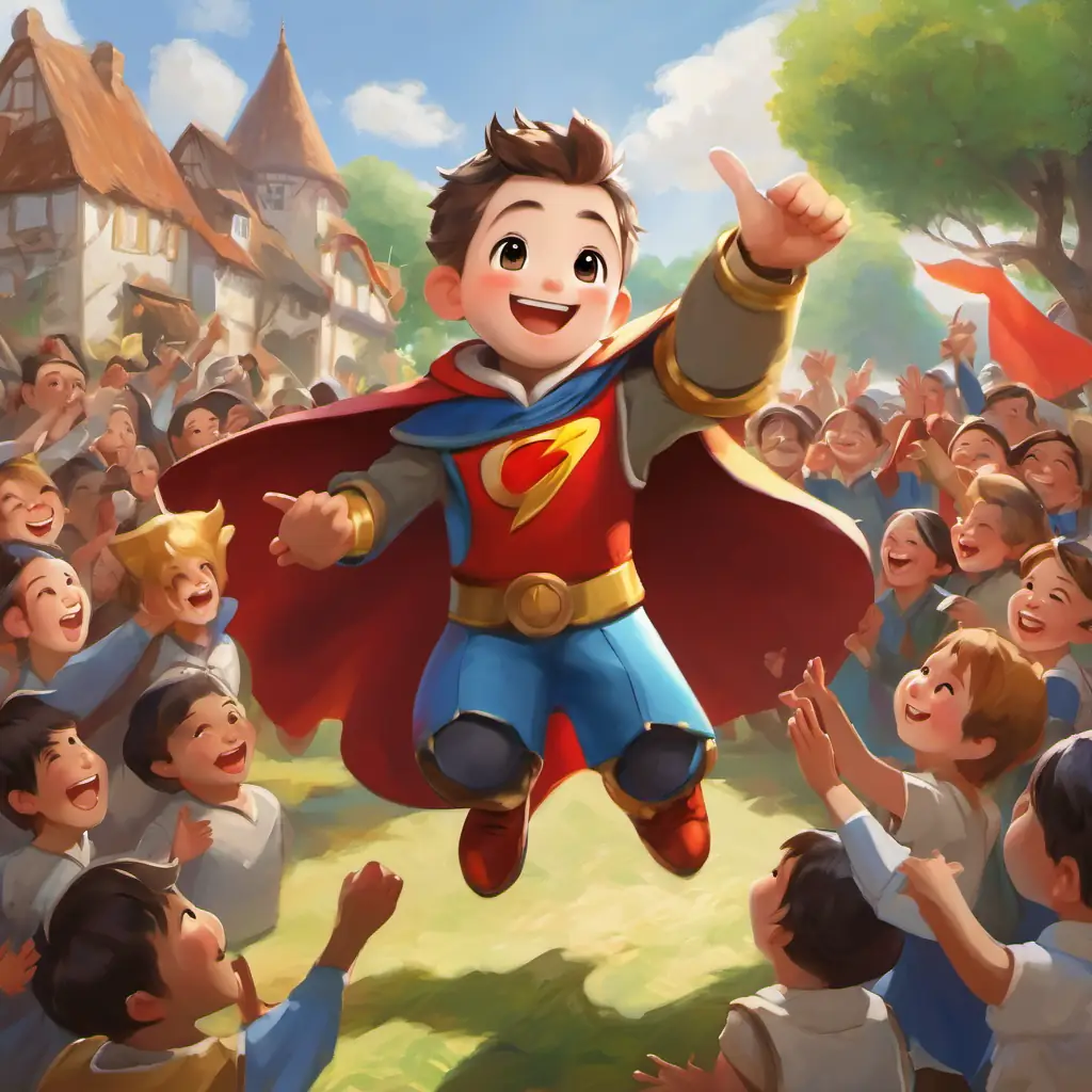 Zero is a small number with a round shape He has a big smile and wears a cape is surrounded by happy villagers who are cheering and clapping.