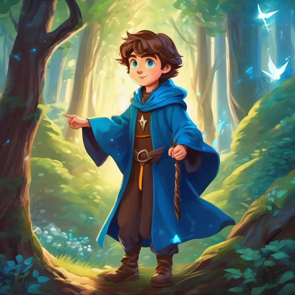 Magical forest, Young wizard, brown hair, bright blue eyes the young wizard
