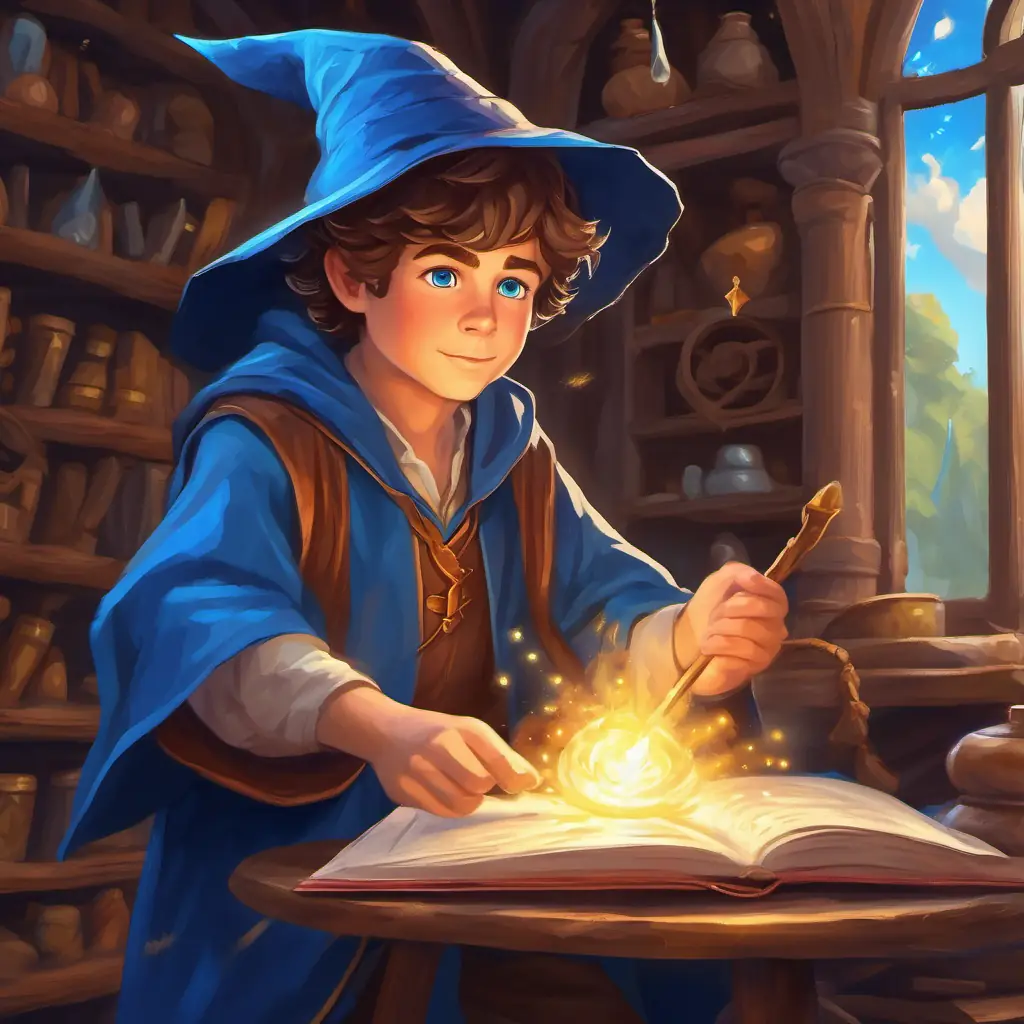 Young wizard, brown hair, bright blue eyes preparing to cast his first spell