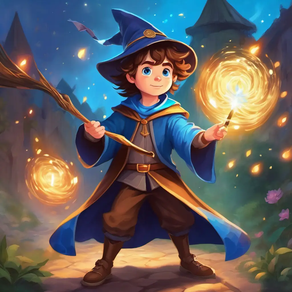 Young wizard, brown hair, bright blue eyes casting his first spell with wand