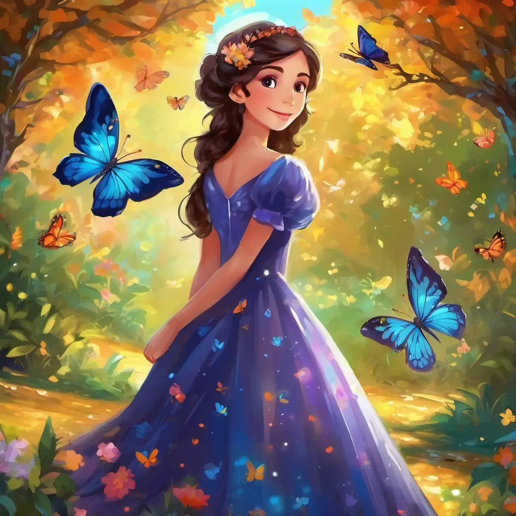 Borboleta de cores vibrantes, asas brilhantes voa pelo jardim e encontra a fada Fada brilhante com um vestido encantador, com seu brilho encantador, entregando uma poção mágica para a borboleta.