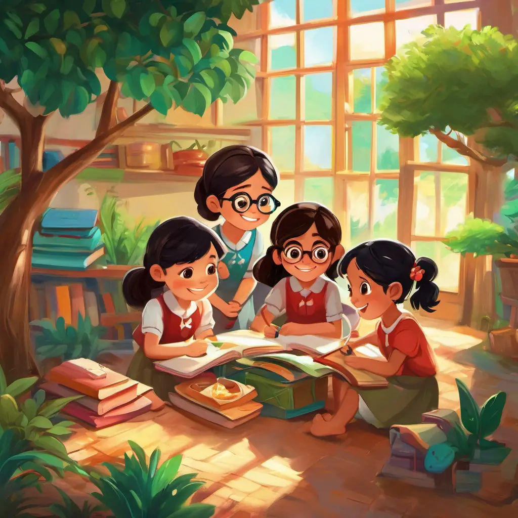 The story takes place in a colorful classroom where Martina, Isabela, and Eloisa sit together. They have big smiles on their faces as they paint and read. During recess, they sit under a big tree and share their snacks.