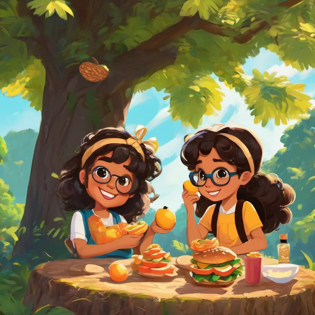 Martina, Isabela, and Eloisa sit under the big tree, eating their snacks. They have sandwiches, fruit, and cookies. They are smiling and having a great time together.