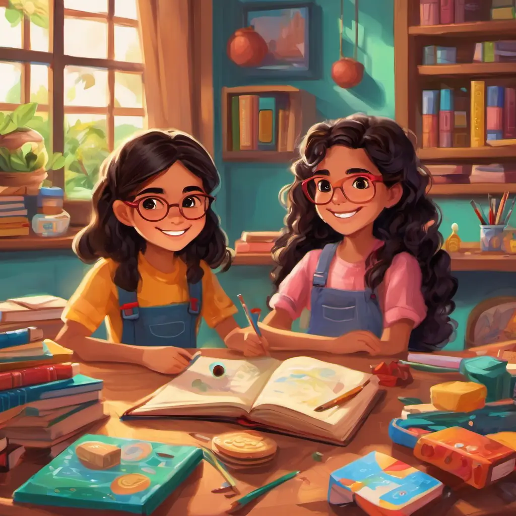 Martina, Isabela, and Eloisa are happily sitting together, surrounded by their art supplies and books. They have big smiles on their faces as they share their snacks. The classroom is filled with warmth and friendship.
