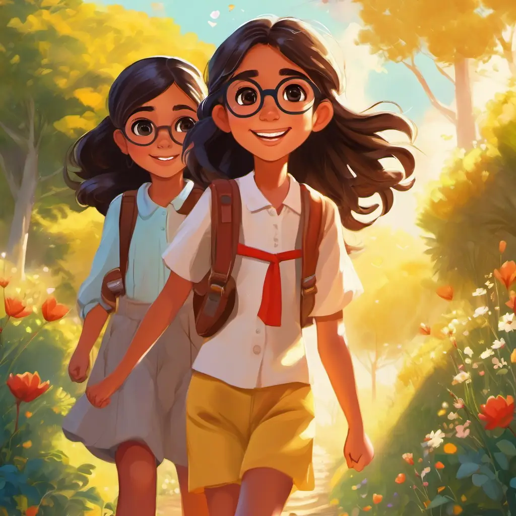 Martina, Isabela, and Eloisa are happily walking hand in hand, symbolizing their strong friendship. The sun is shining, and there are hearts floating in the air.