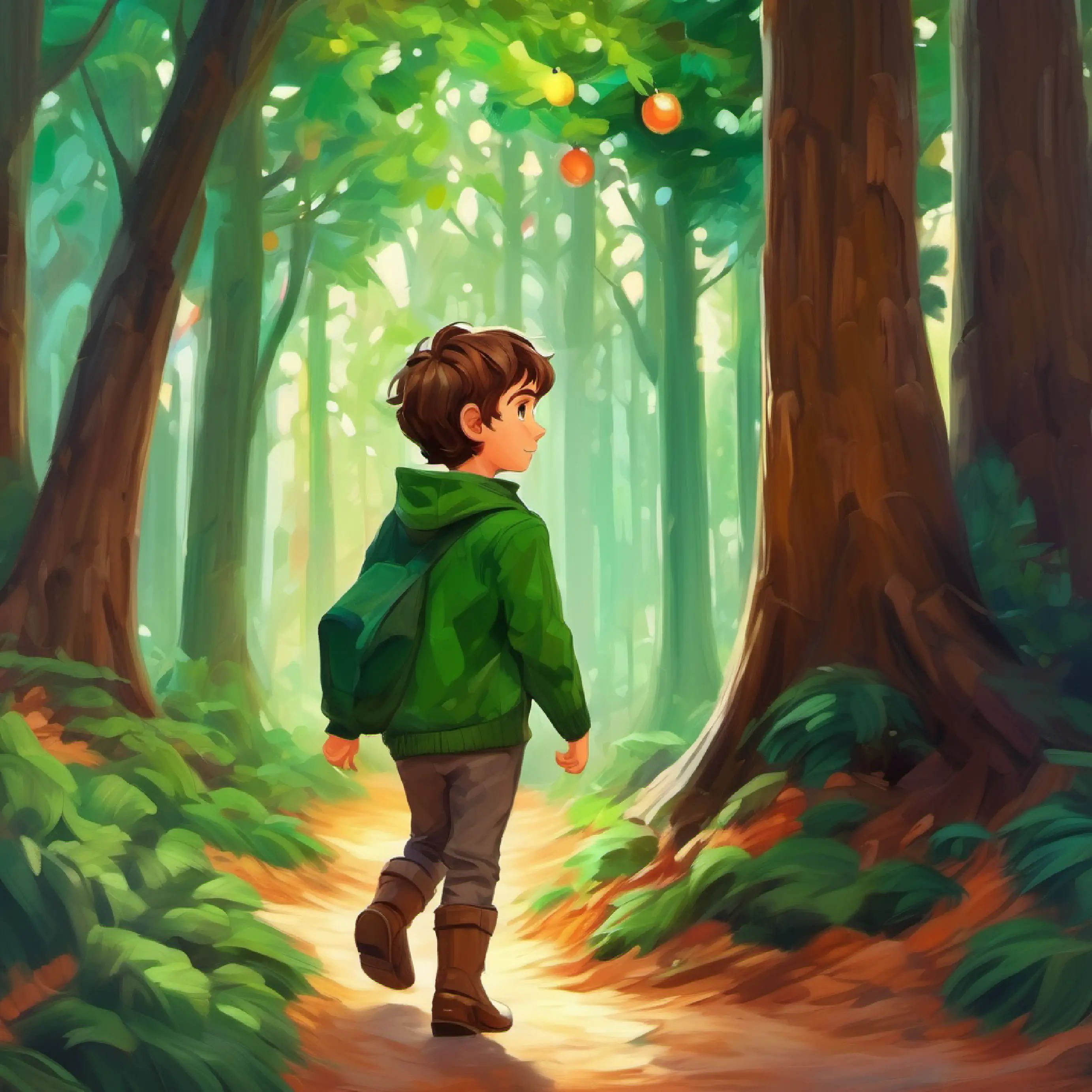 Young boy with brown hair, fair skin, and green eyes starts his adventure, trees loom large around him.