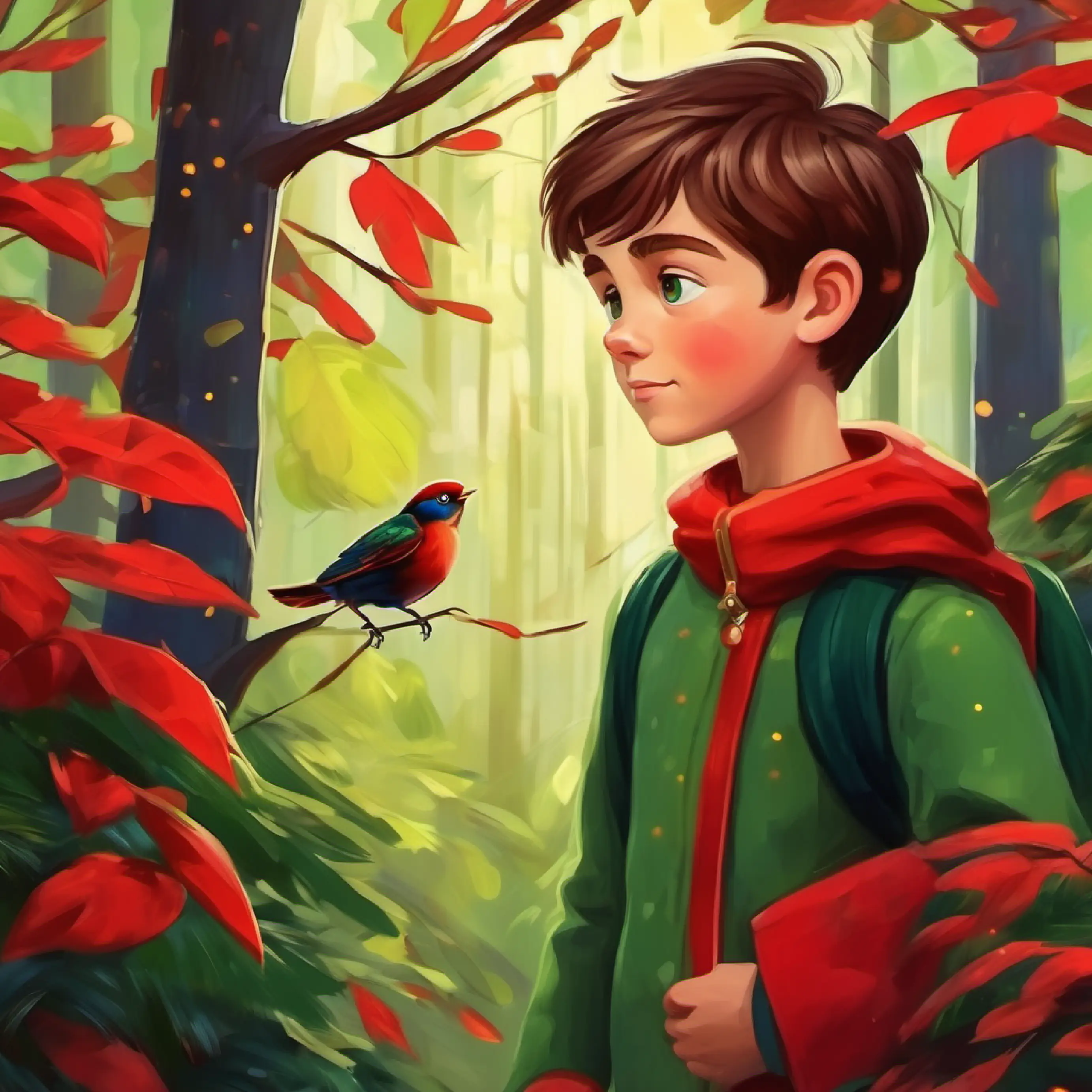Young boy with brown hair, fair skin, and green eyes spots a red bird in the trees, beginning his adventures.