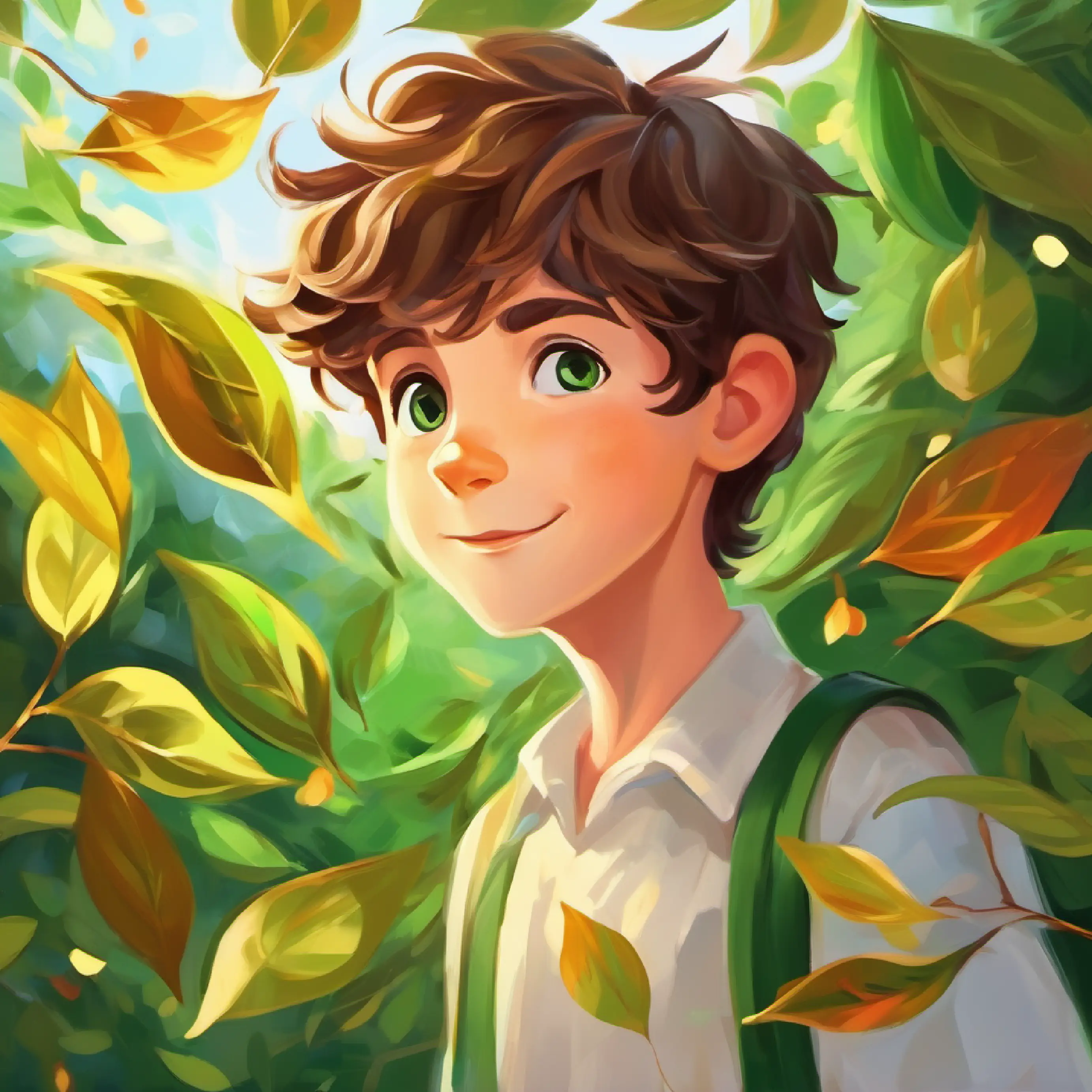 A breeze causes the leaves to dance, delighting Young boy with brown hair, fair skin, and green eyes.