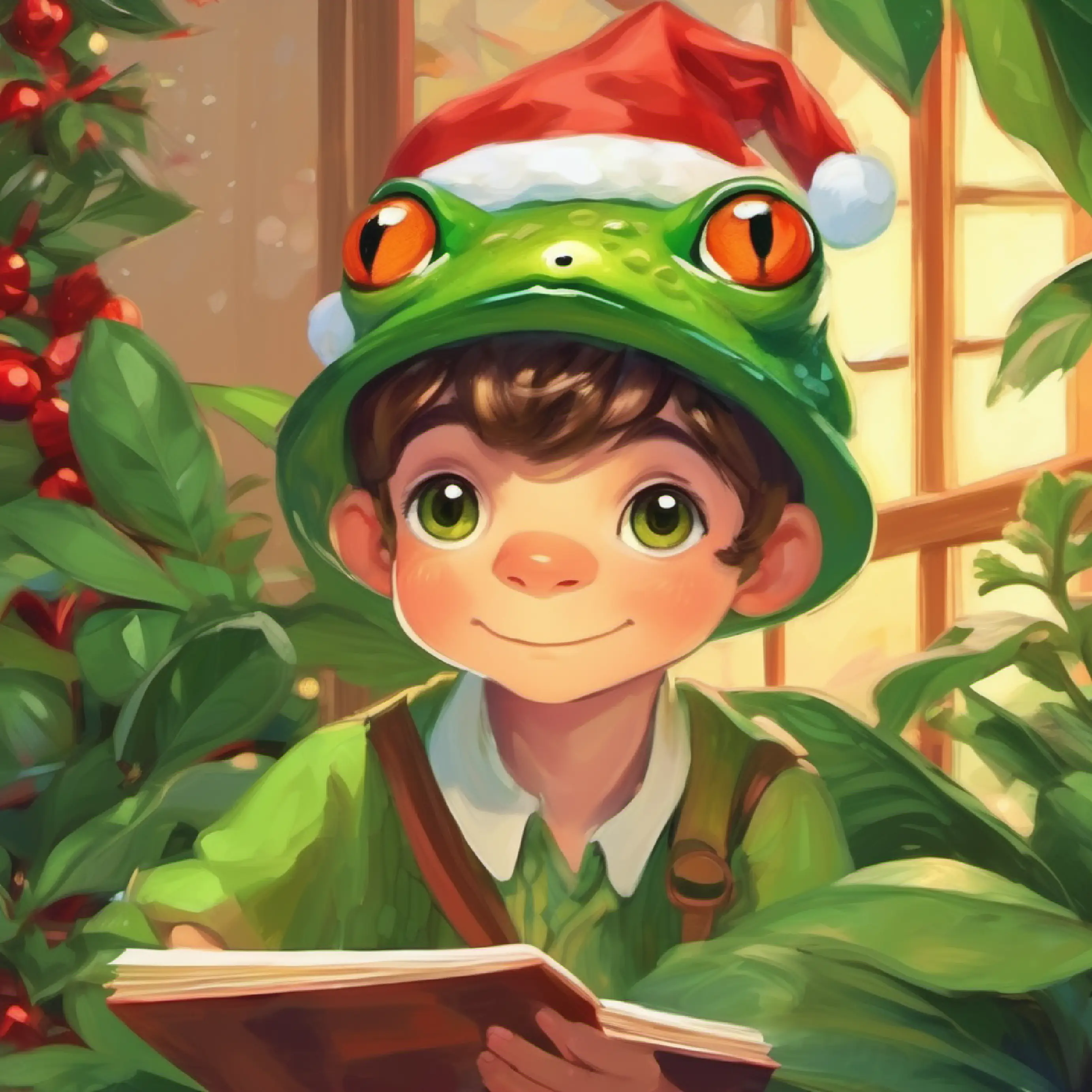 A frog makes a ribbit sound, drawing Young boy with brown hair, fair skin, and green eyes's attention.