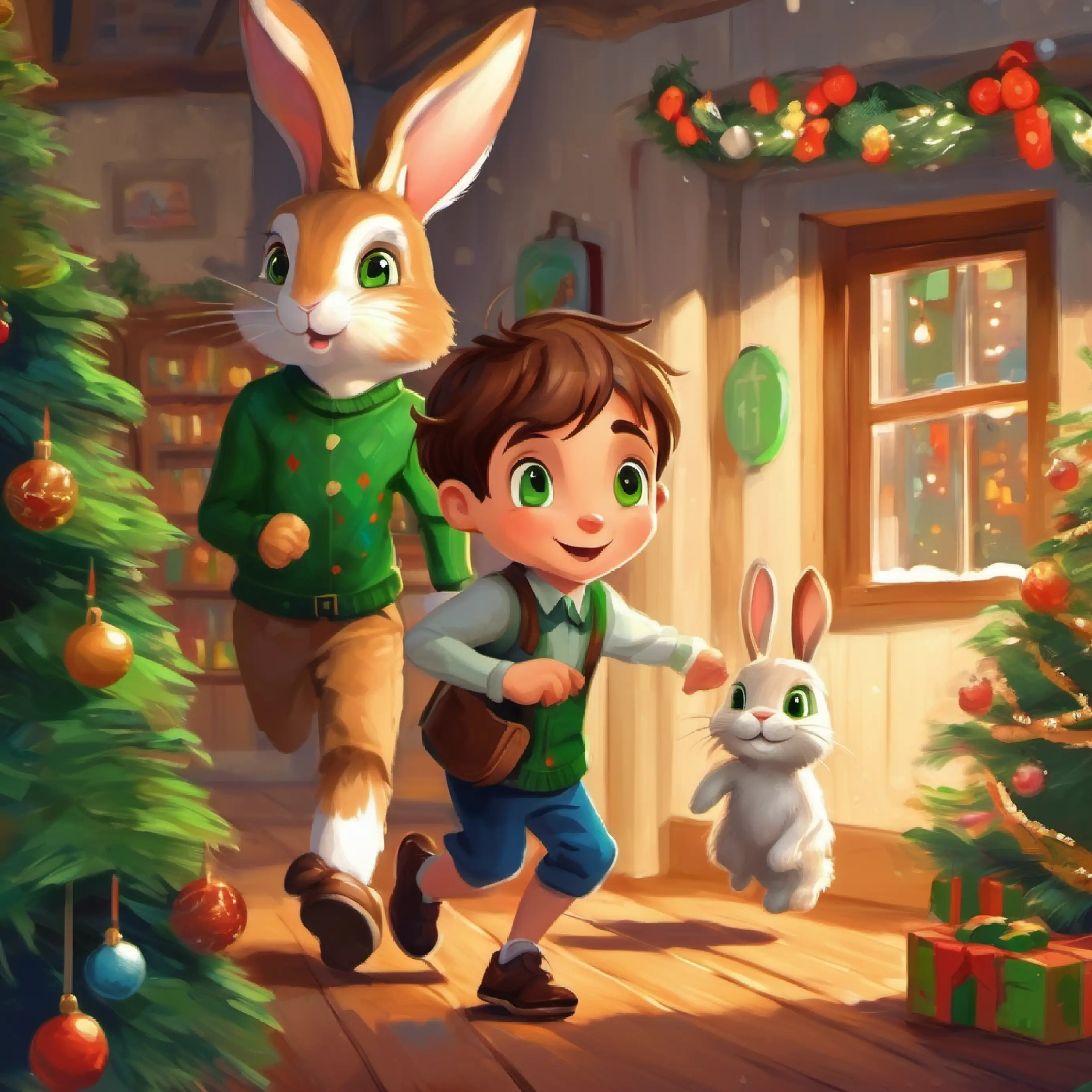 A bunny quickly hops past Young boy with brown hair, fair skin, and green eyes, piquing his curiosity.