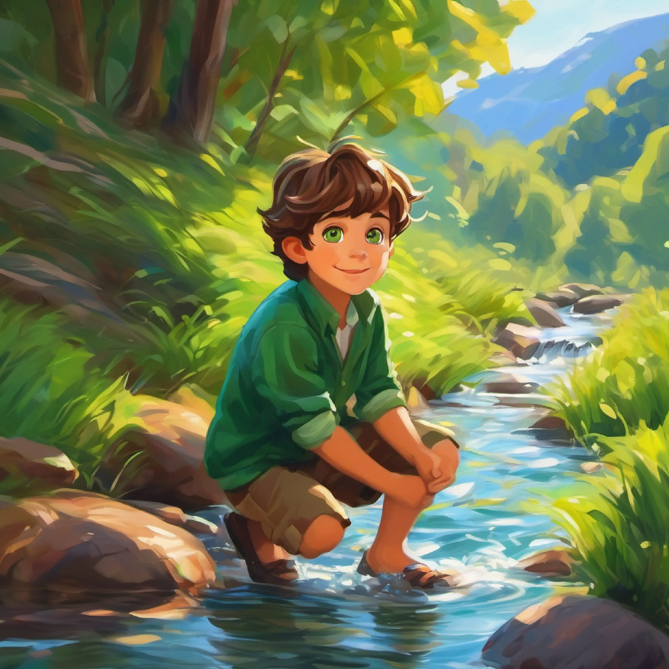 Discovering a stream, Young boy with brown hair, fair skin, and green eyes enjoys the cool water.