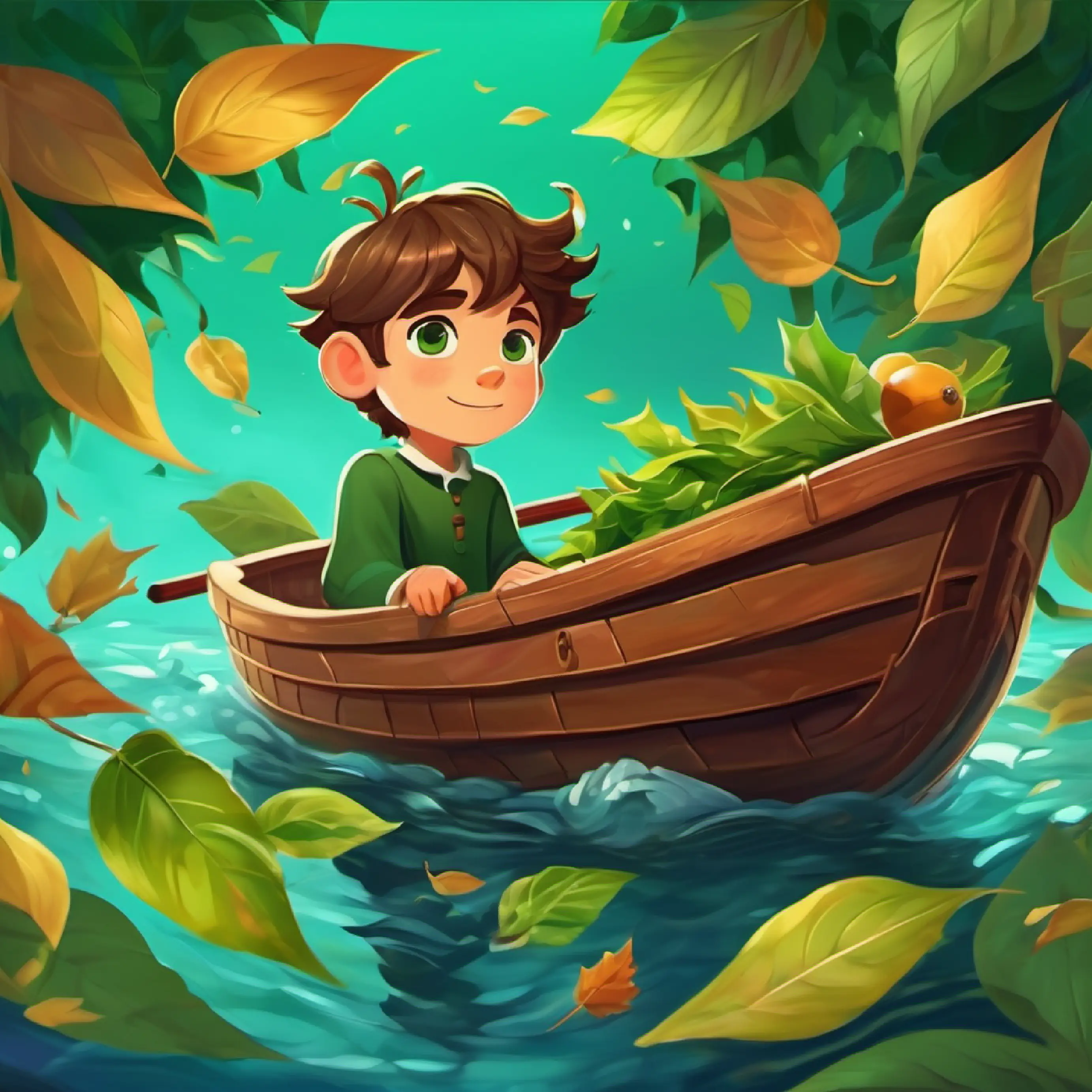 Young boy with brown hair, fair skin, and green eyes creates a boat out of leaves and sets it afloat.