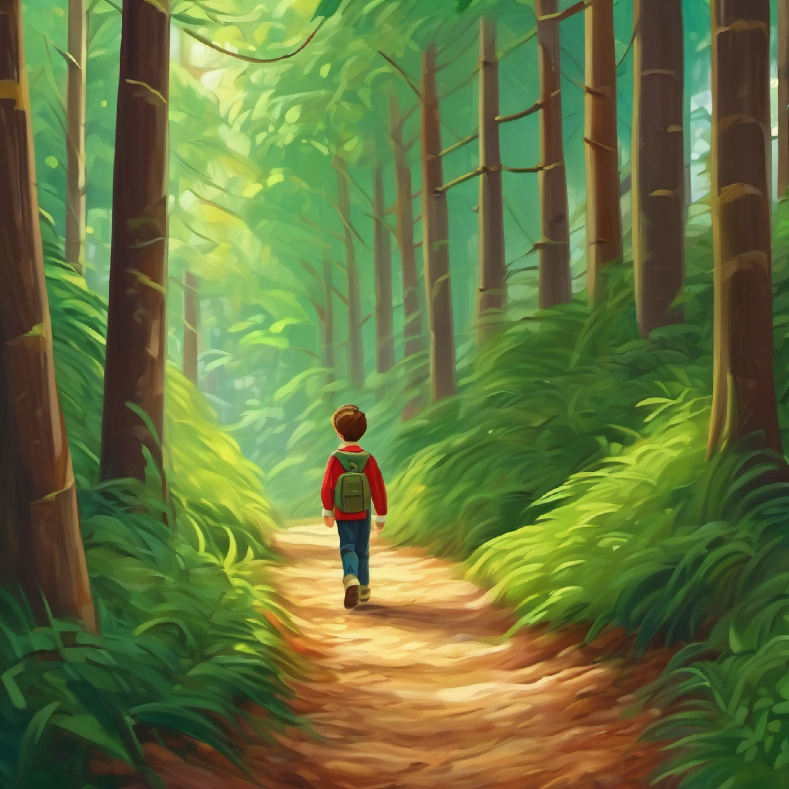 A trail beckons Young boy with brown hair, fair skin, and green eyes further into the forest.