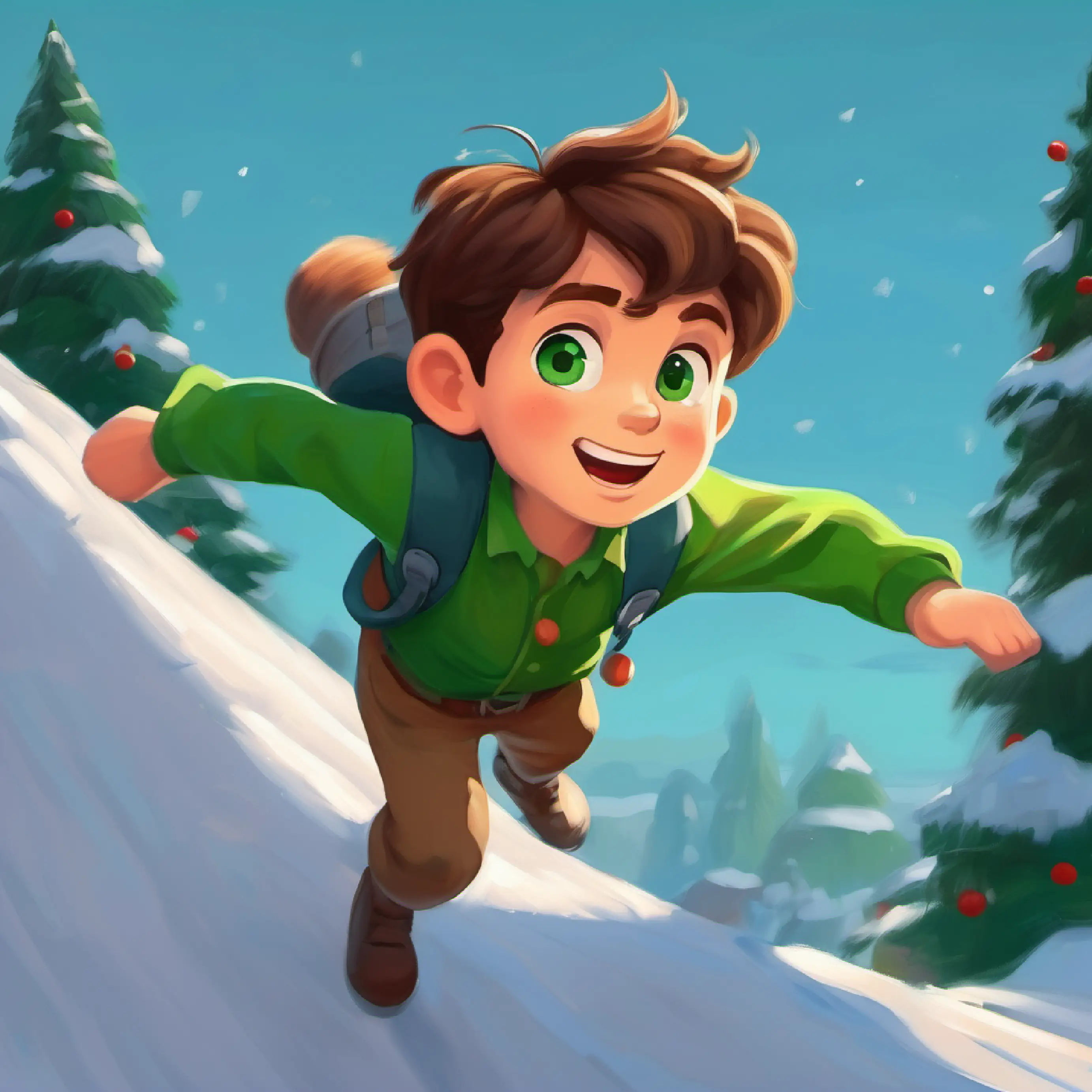 Young boy with brown hair, fair skin, and green eyes climbs a hill; possibly a challenge but fun for him.