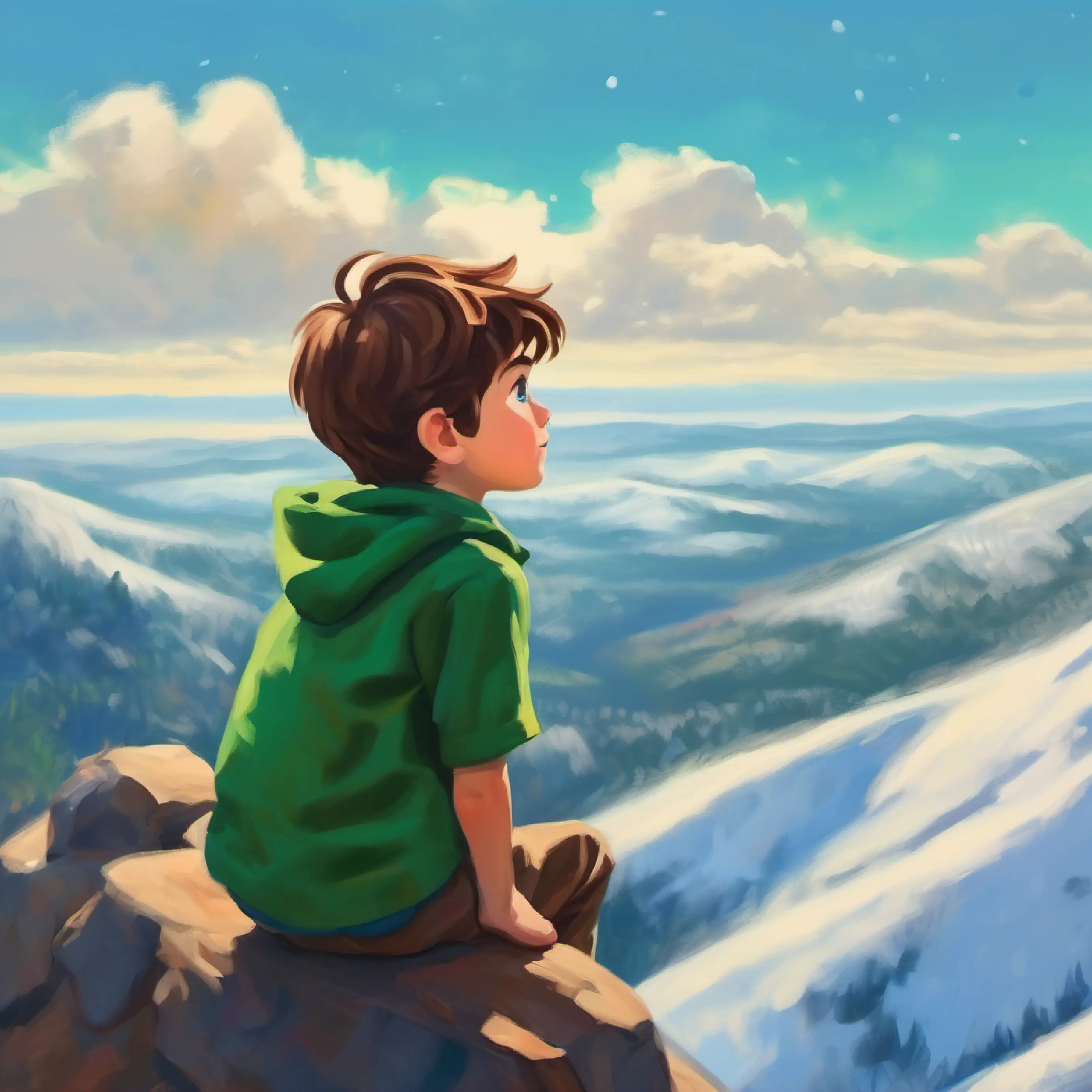 Reaching the summit, Young boy with brown hair, fair skin, and green eyes observes the blue sky.